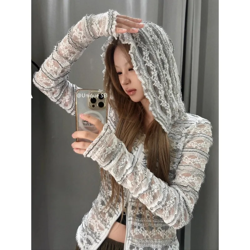 Vintage Hollow See Through Hooded Long-sleeved T-shirt Women 2025 Autumn New High Street Striped Zipper Casual White Lace Tops