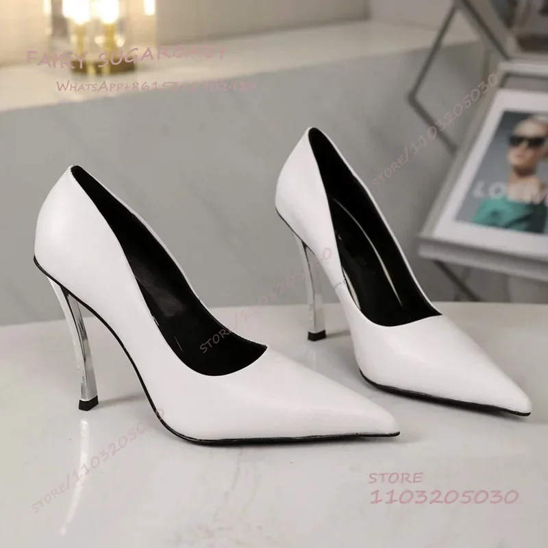 Womens Dress Pumps Pink Girls Silver Stilettos Metal Pointed Heels White Leather Red Sexy Dinner Party Dress Shoes Women Autumn