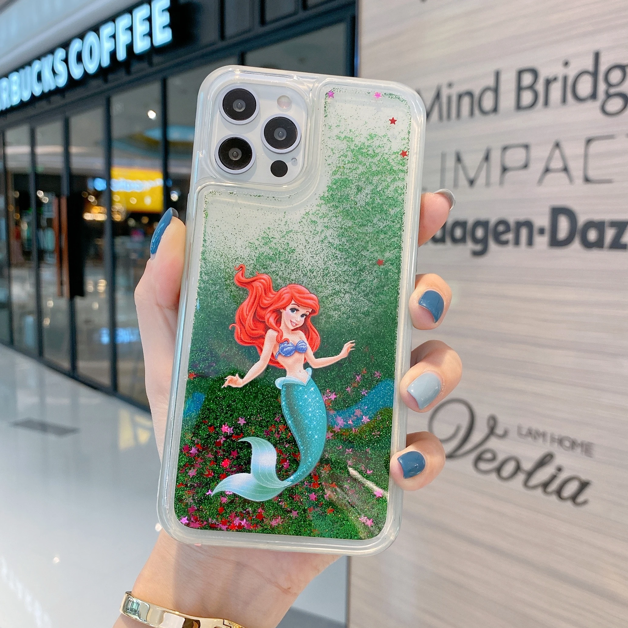 Cute The Little Mermaid Olaf Quicksand Phone Case For iPhone 15 14 13 12 11 Pro Max Glitter Liquid Cartoon Shockproof Cover