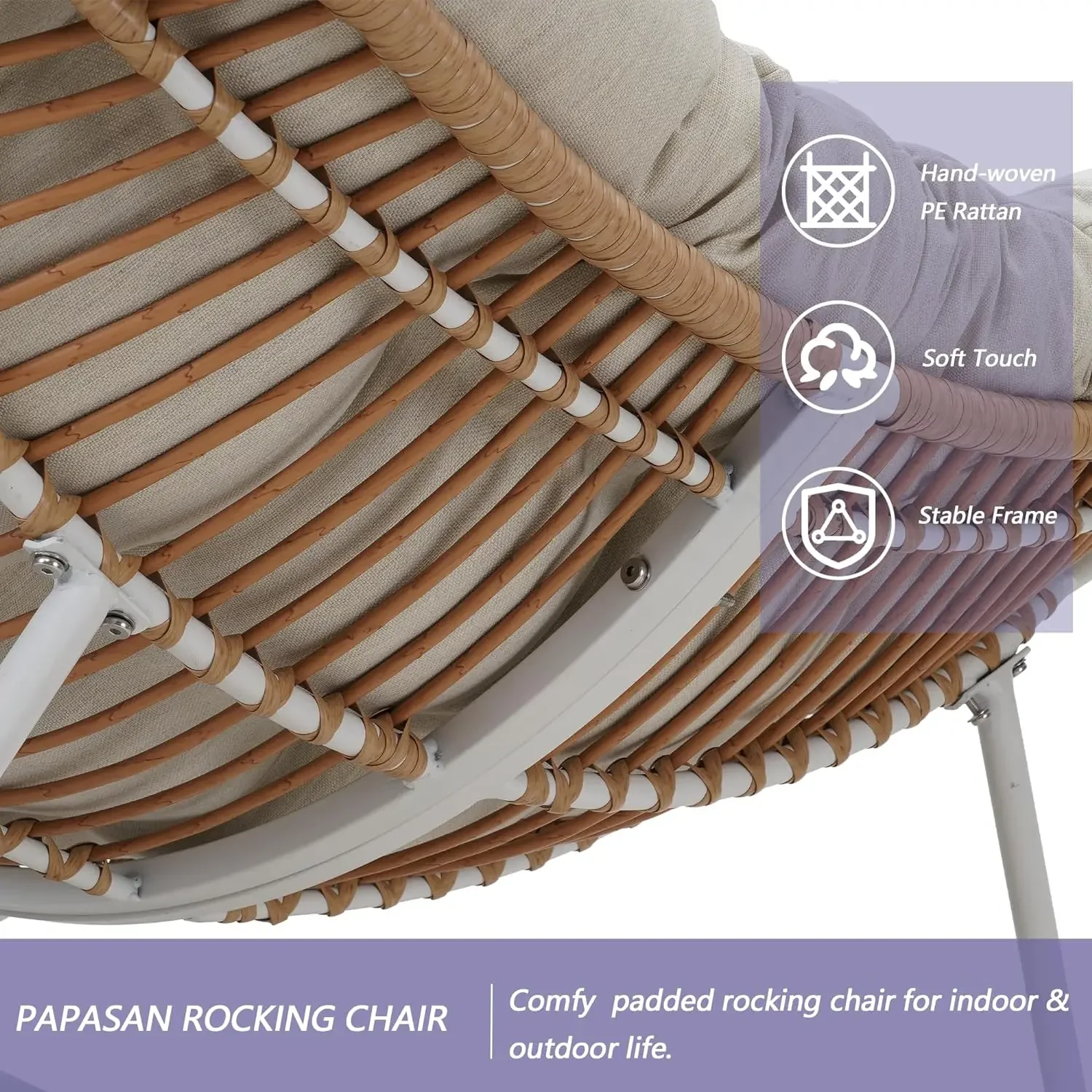 Cadeira de balanço ao ar livre com almofada bege, Rocker Recliner Chair, Metal Frame extragrande, Rattan Egg Chair