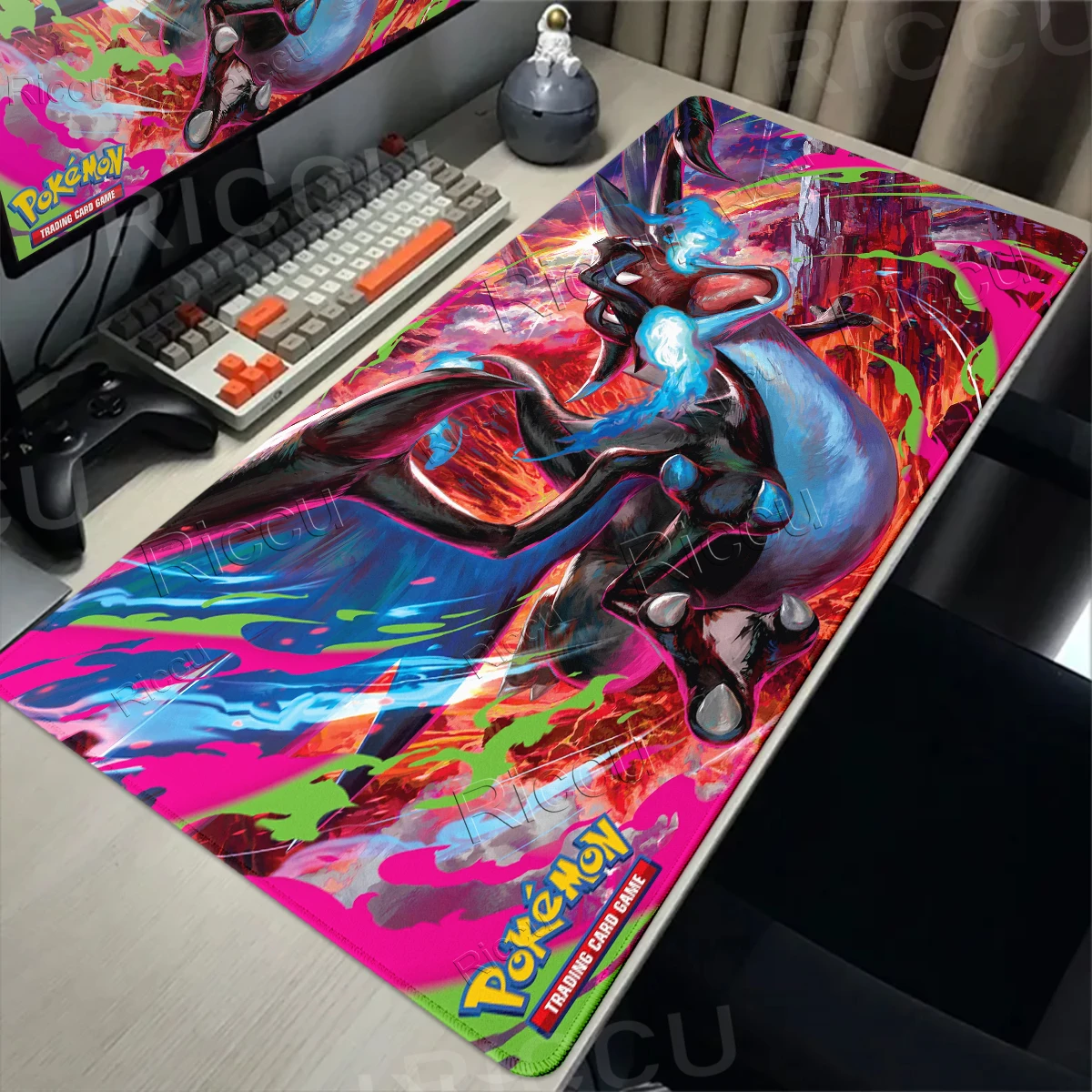 Anime Pokemon Mauspad Charizard Schreibtischunterlage Gaming-Bürozubehör Erweiterte Gamer-Unterlage für Computer PC Laptop Mechanische Tastatur