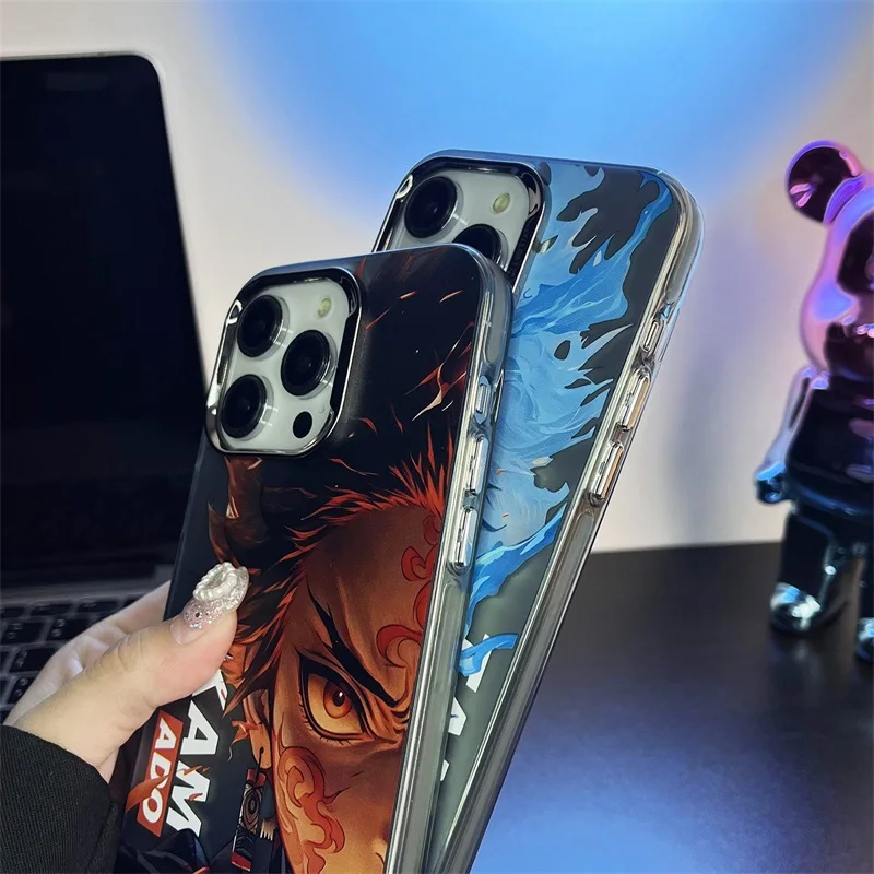 Japan Anime Demon Slayer Case For IPhone 11 12 13 14 15 Pro Max Luxury Anime Cartoon Kimetsu No Yaiba Plating Back Cover Coque