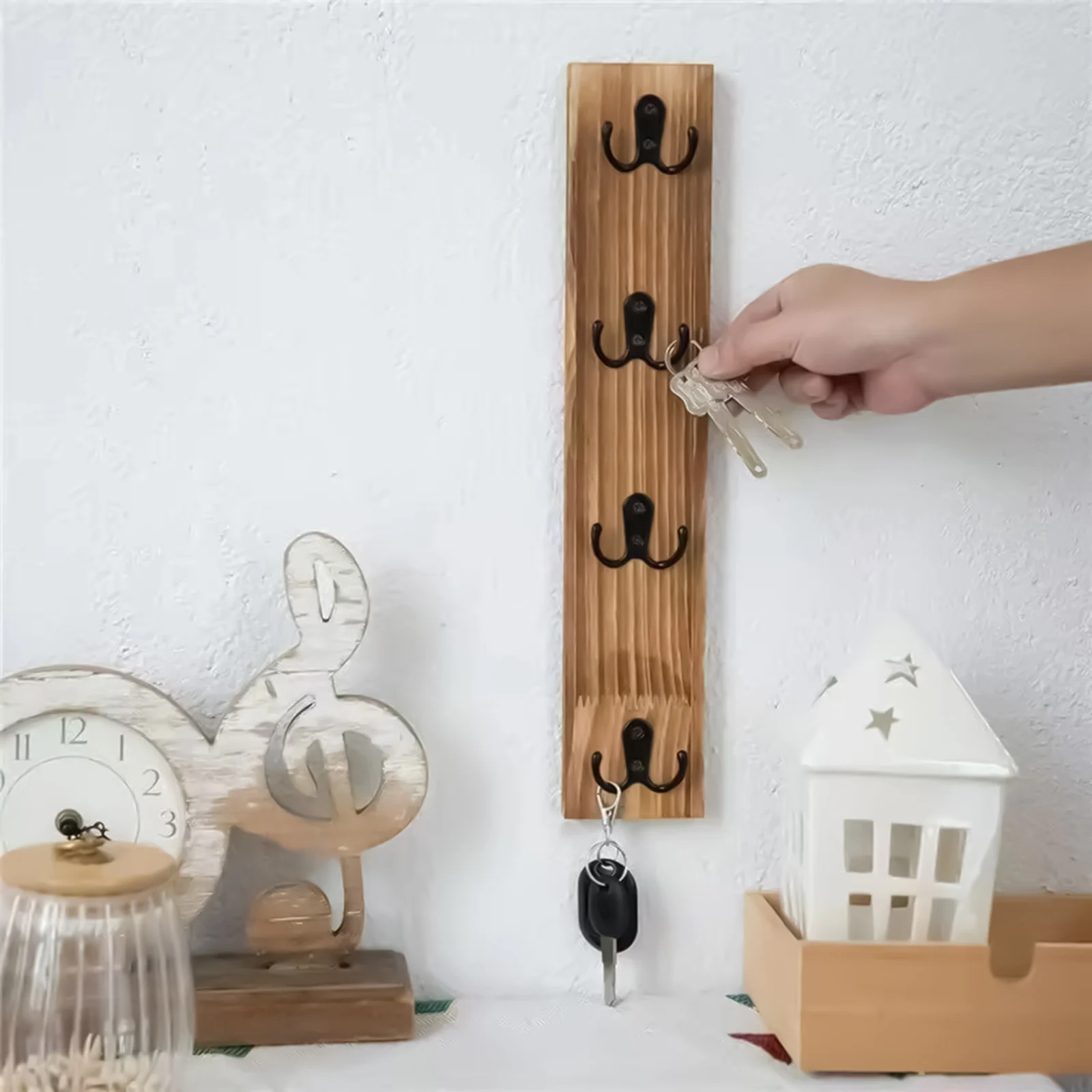 Rustic Key Holder Wall Organizer for Entryway Hallway Home Office Solid Wood Key Rack with Hooks Jewelry Storage Durable