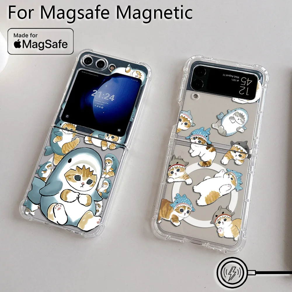 Cartoon M-Mofusands cat Magsafe Magnetic Phone Case for Samsung Galaxy Z Flip 3 4 Z Flip 5 6 Z 5G Soft Transparent Back Cover