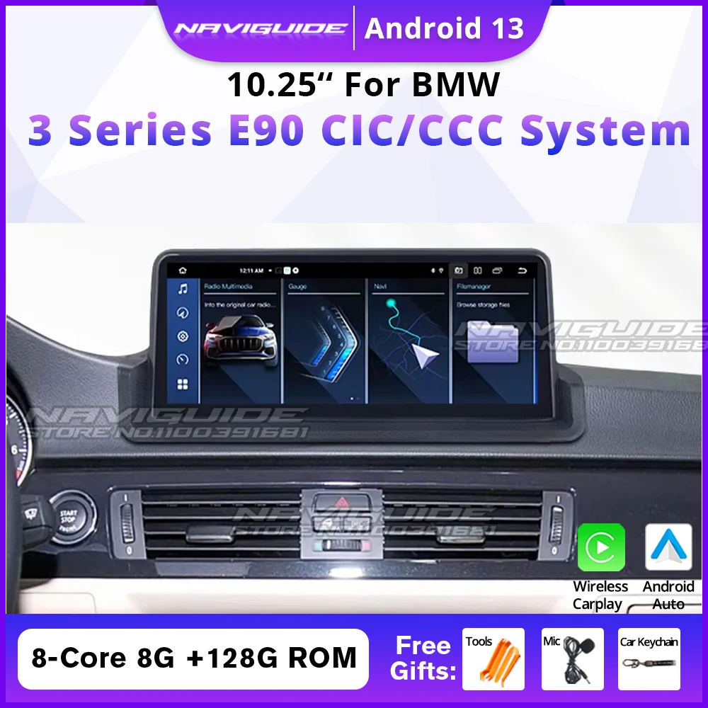 NAVIGUIDE 10.25'' Carplay For BMW 3 Series E90 2004-2011 CCC CIC System CarRadio Multimedia Player  Android 14 WIFI GPS Navi BT