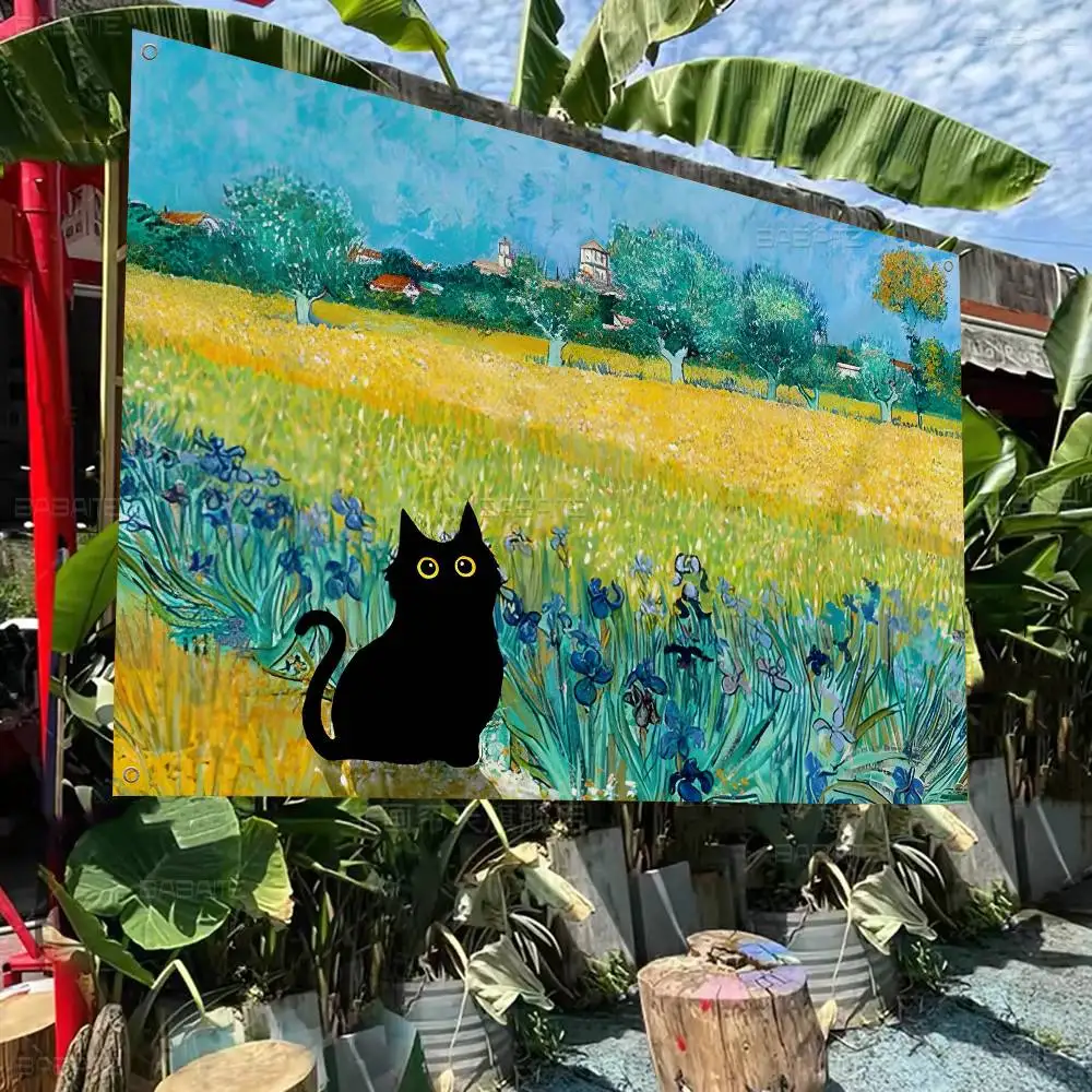 Van Gogh Funny black cat Retro Flags Multiple Choice Living Studio Booth Interior Decoration Banner
