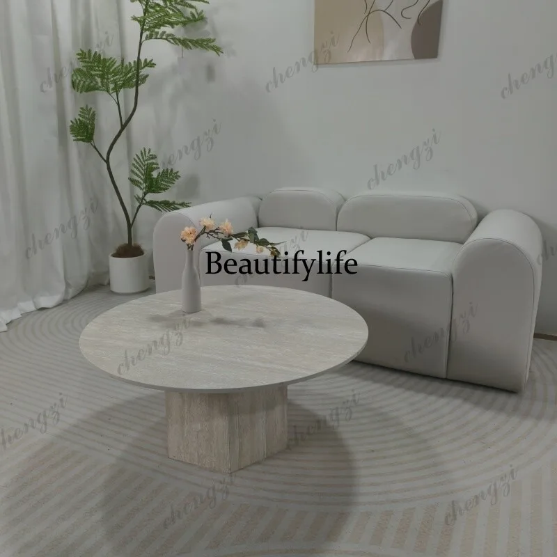 M138Household rock slab coffee table Round French small apartment Travertine rock slab coffee table