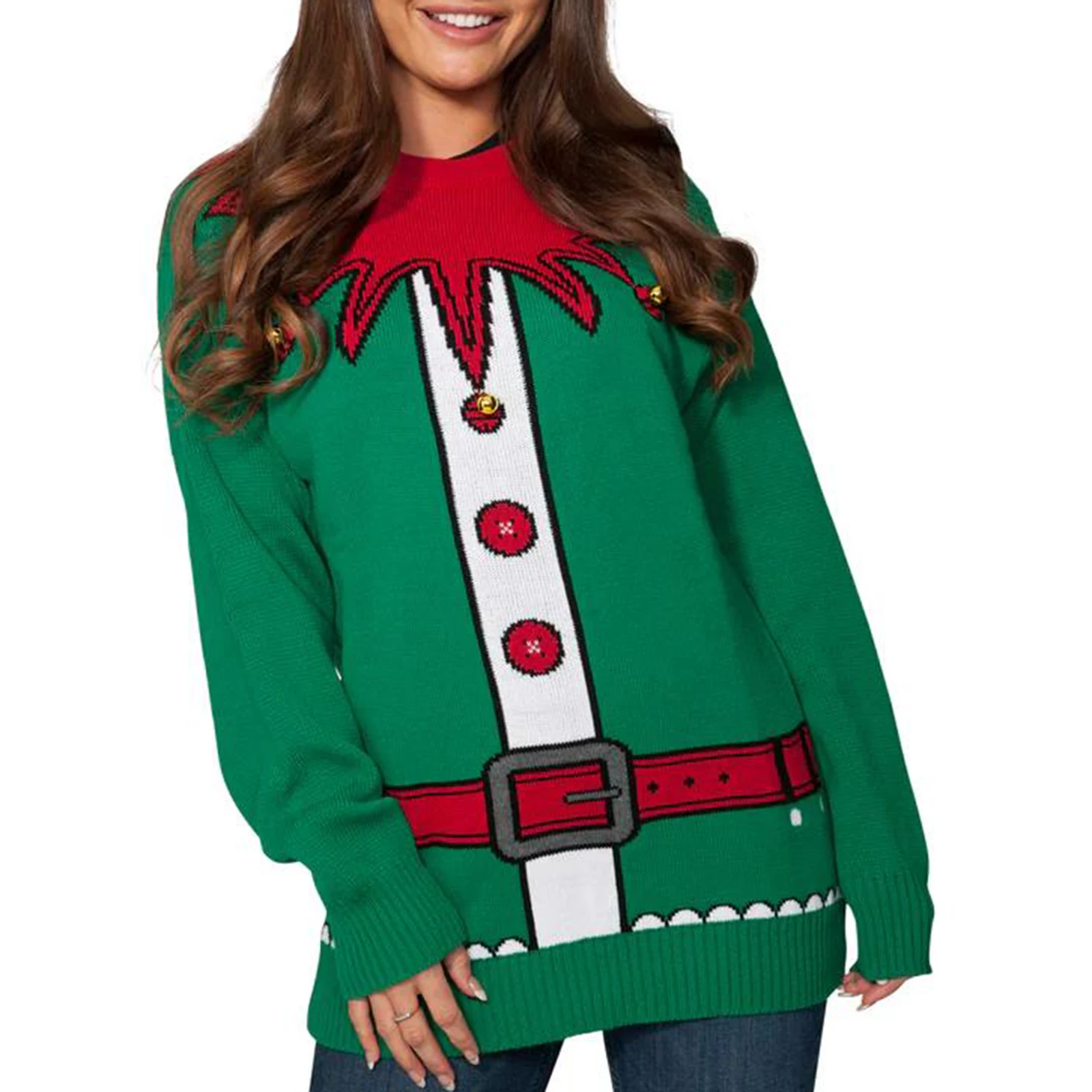 Christmas Knit Sweater Women Santa Pattern Long Sleeve Round Neck Pullovers Fall Winter Casual Jumpers Tops