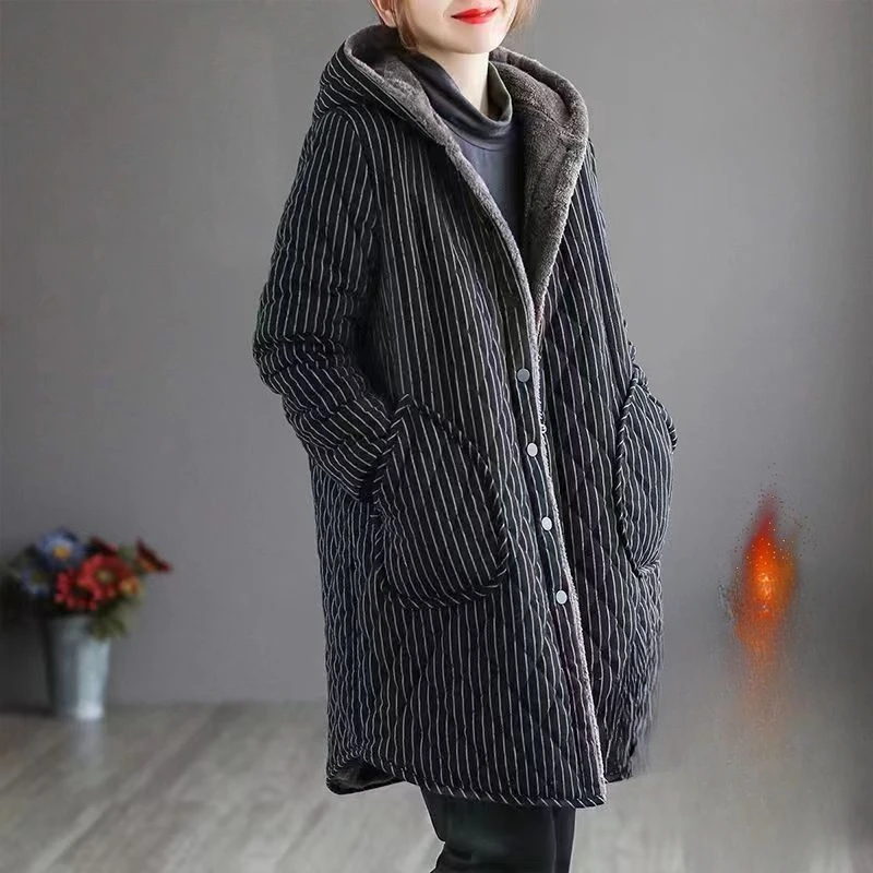 Veste à capuche en coton rayé pour femme, pardessus long, chaud, épais, peluche, décontracté, mode, automne, hiver, nouveau, A316