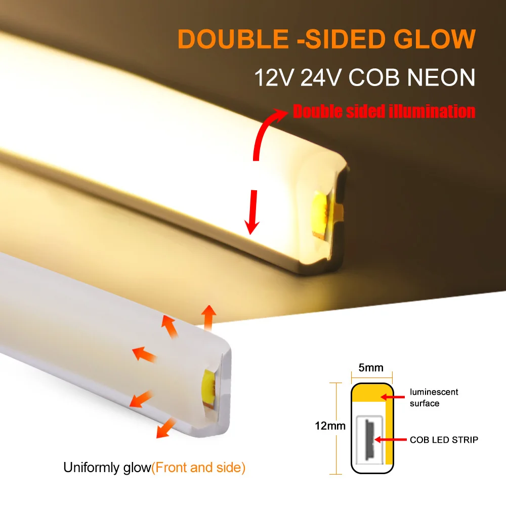 Tira de luces LED de neón COB de doble cara, 12V, 24V, cuerda flexible impermeable, 320LED/m, iluminación lineal de 1m, 2m, 5m, 10m, 15m, 20m, 0,5 m