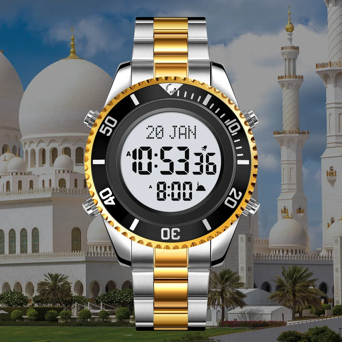 SKMEI 2141 Stainless Steel Digital Watche Muslim Azan Prayer Compass Clock Adhan Alarm Hijri Islamic Wristwatch with Back Light