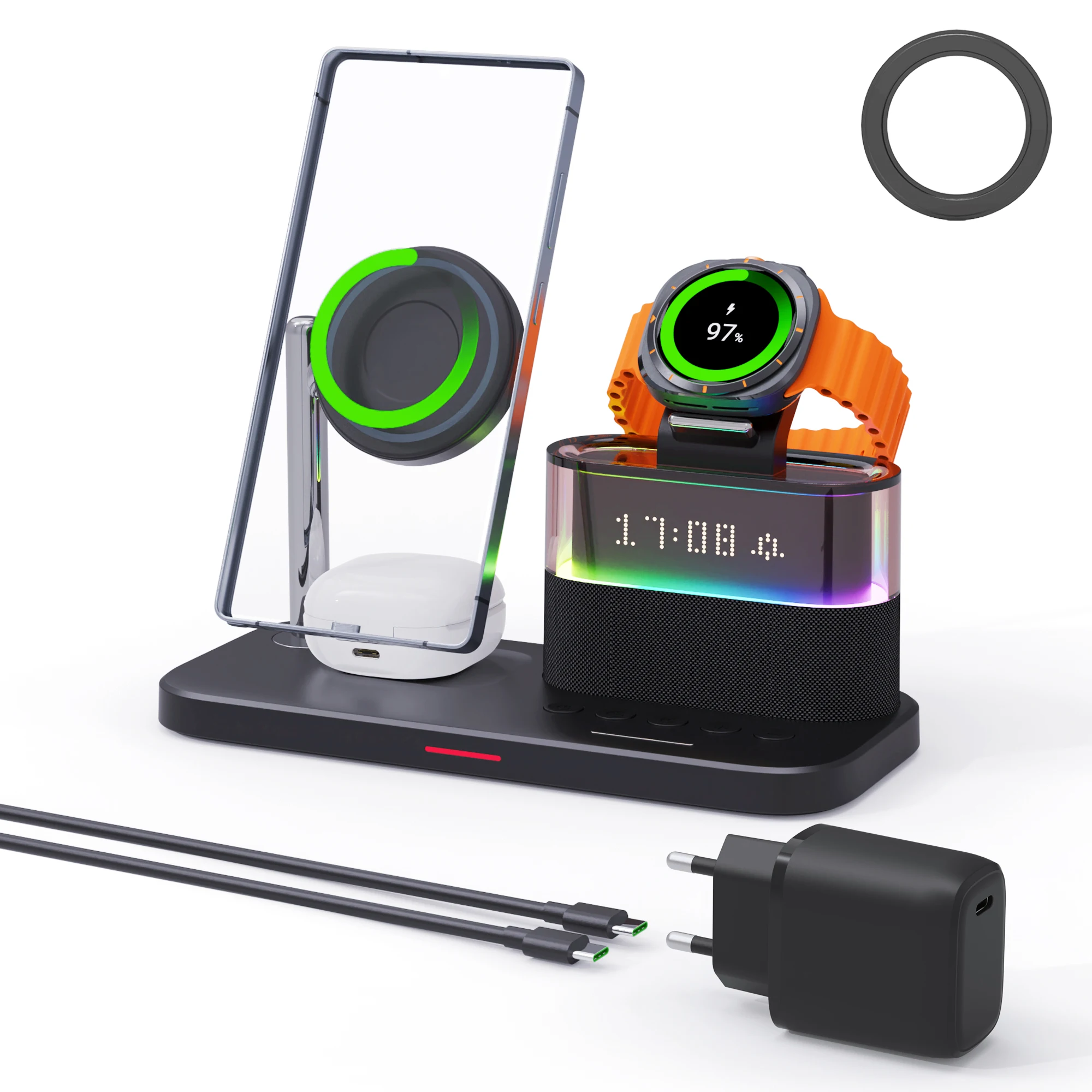 5-In-1 Magnetic Wireless Charging Station QI Certified RGB Light Clock Alarm For Phone Earbuds Samsung Galaxy Watch