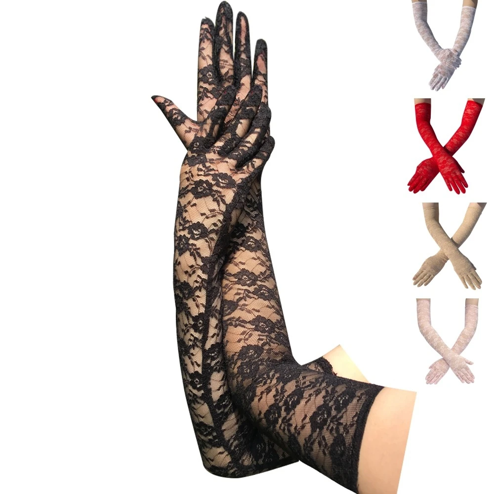 54cm Lengthened Lace Full Finger Party Gloves For Men Women New Solid Sunscreen Long Mittens Outdoor Bride Dress Up Gloves