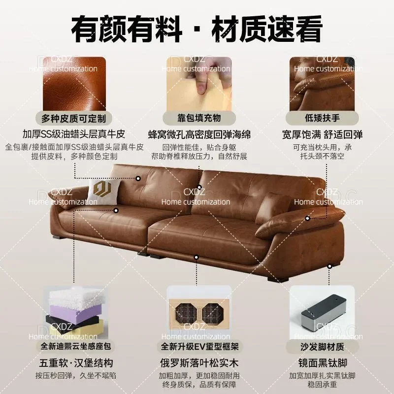 Italian Minimalist Retro Piano Key Leather Sofa First Layer Cowhide Straight Row Combination for Small Apartment Living Room