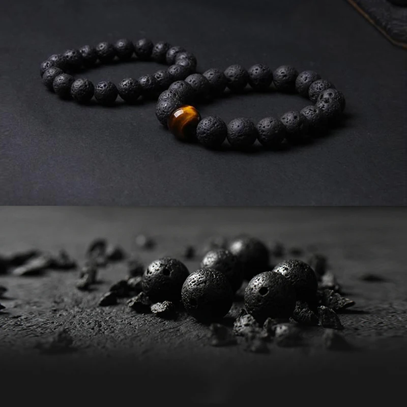 Retro Volcano Stone Round Black Bracelet Homme Natural Lava Stone Beads Luxury Gold Color Jewelry for Women Oil Diffuser Bangle