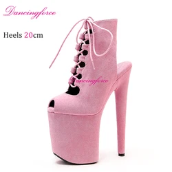 New Suede 20cm/8Inches Pole Dance Shoes Heels Platform Women Short Booties Lace-up Lady Catwalk Nightclub Strip Ankle Boot