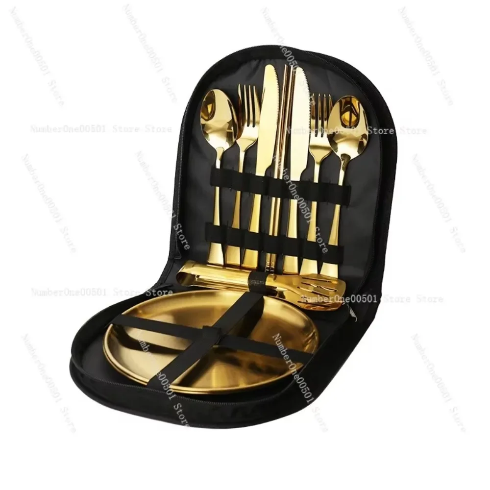 Outdoor stainless steel tableware set portable travel camping high-end barbecue plate food clip knife fork spoon