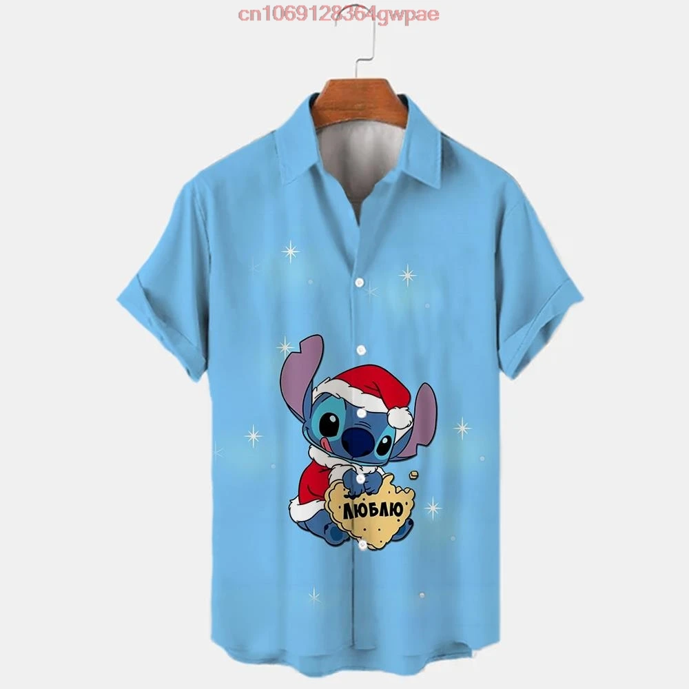 Disney Stitch Christmas Hawaiian Shirts Men's Women's Casual Beach Shirt Disney Hawaiian Shirt Short Sleeve Button Up Shirt