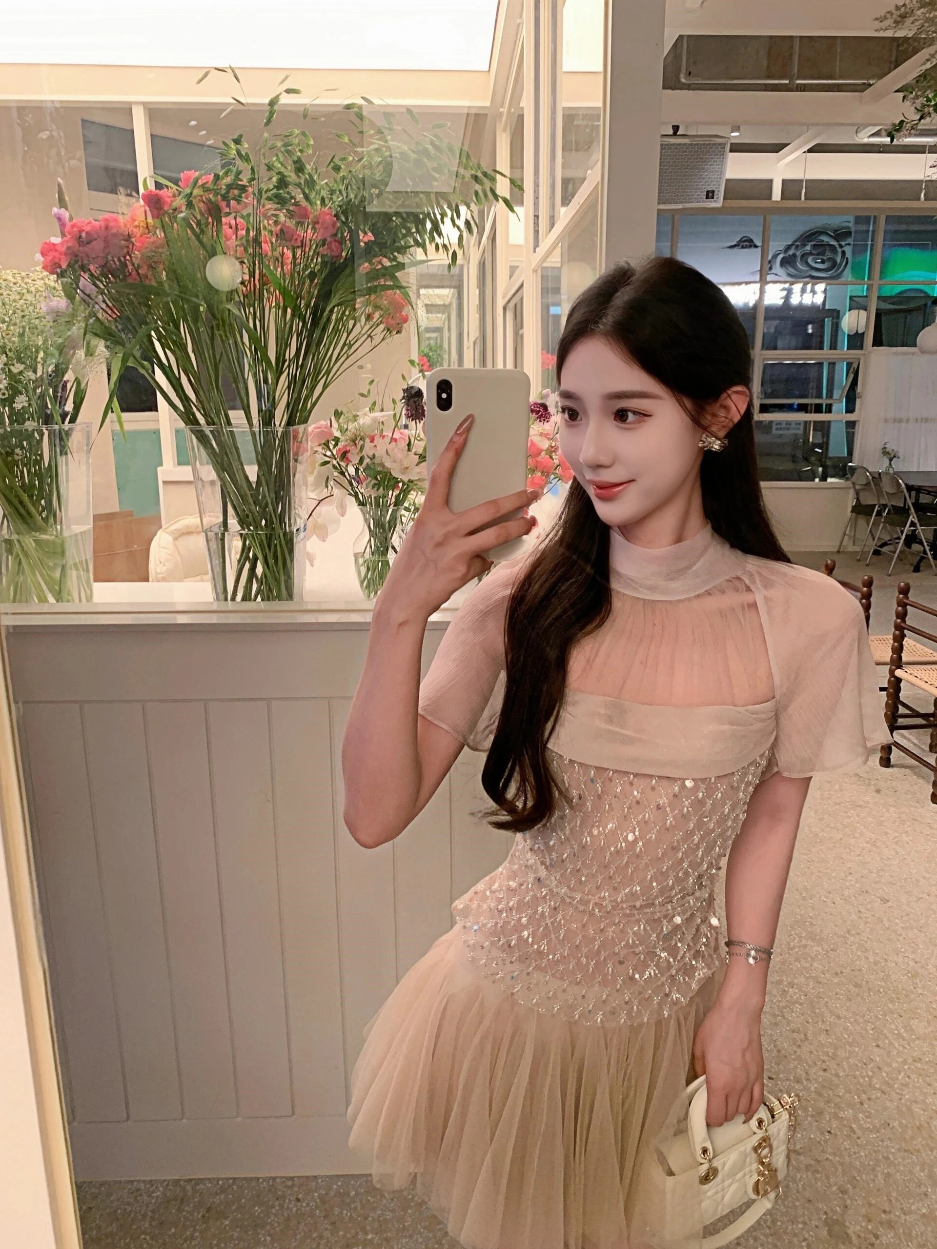 

Elegant Short Sleeve High Waist A-Line Dress for Women in Polyester Fabric with Beaded Embellishments Birthday Gift Dress
