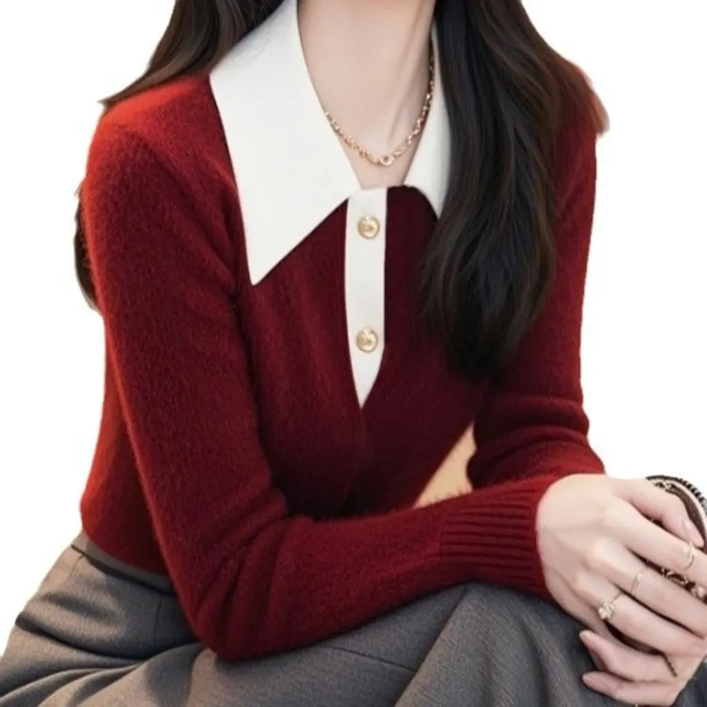 

French Retro Red Knitted Top for Women Long-Sleeved Stylish Base Shirt Age-Reducing All-Match Autumn Winter Fashion