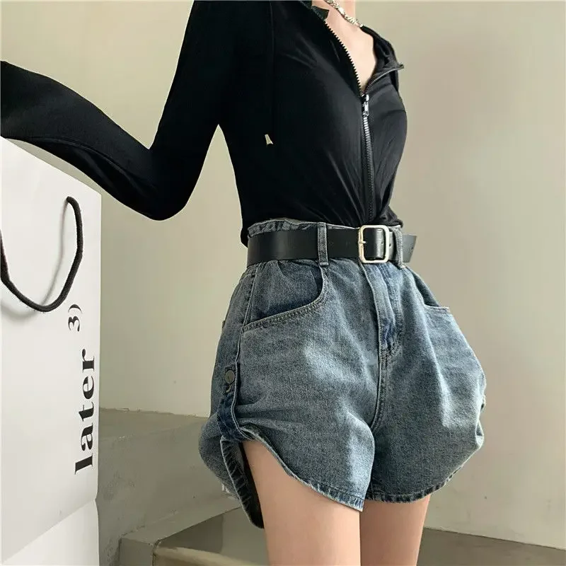 Shorts Women Wide Leg A-line Denim High Waist Button Distressed Retro Loose Korean Style Leisure Hotsweet Summer High Street