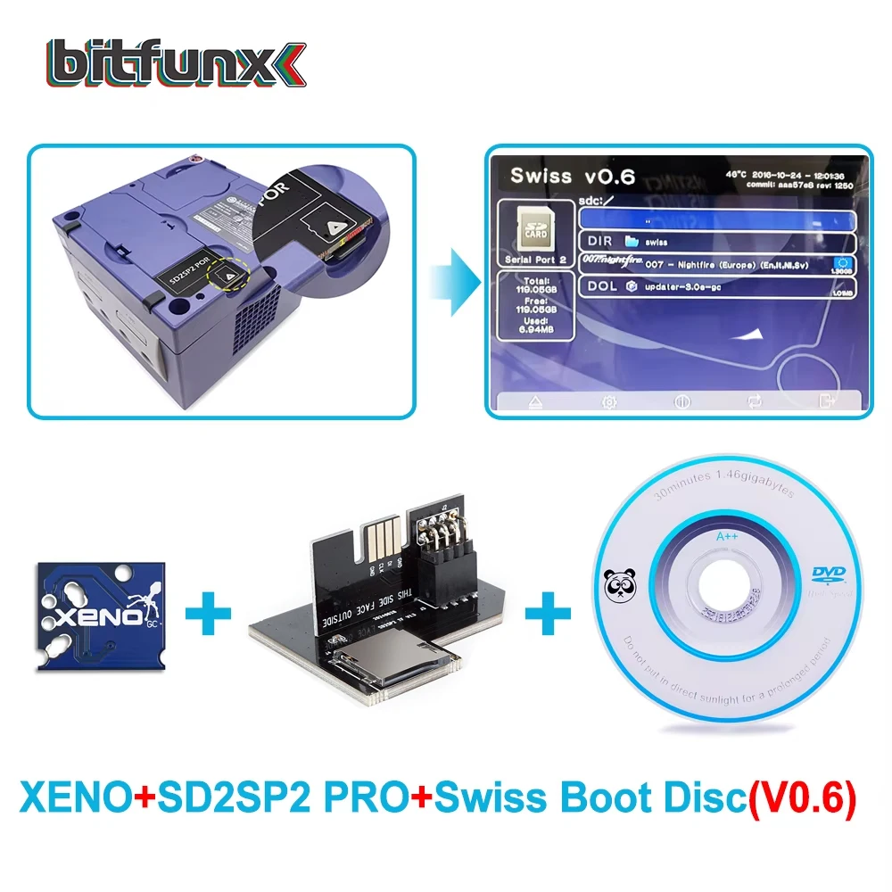 SD2SP2 Pro SD Card Adapter for Gamecube NGC and Swiss Boot Disc v0.6 and XENO Modchip for Gamecube NTSC-U/NTSC-J/PAL