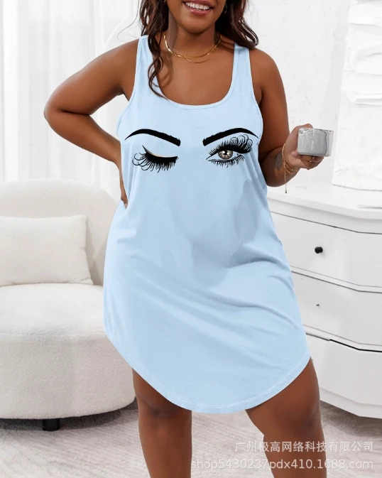 Vestido de dormir grande sin mangas con cuello en U para mujer, camiseta sin mangas con estampado de temperamento, moda de verano, 2024