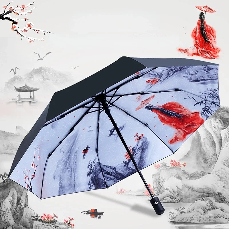 Fully Automatic Umbrella Female Reinforced Umbrella Men\'s Women Windproof Uv Resistant Beach Girl Parasol Folding Parasol