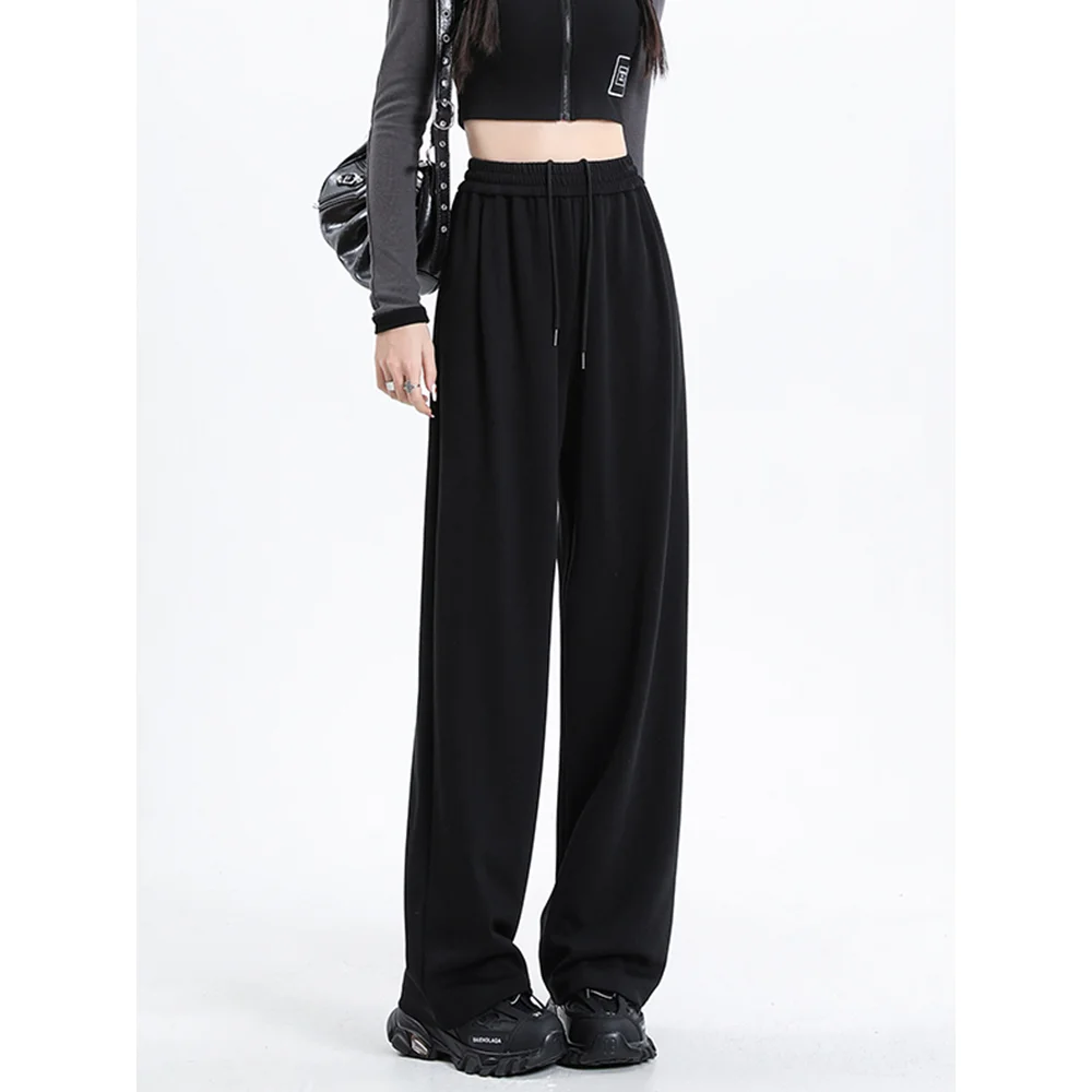 

High Waisted Trousers Womens Drawstring Wide Leg Pants Loose Korean Fashion Chic Casual Straight Streetwear Women Pants Balck