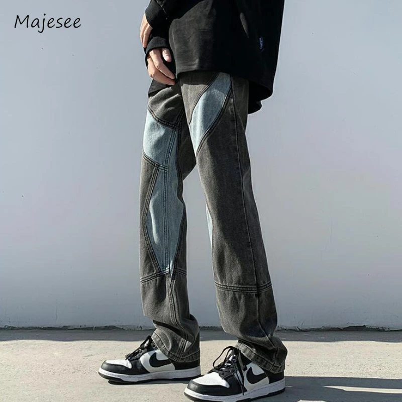 Patchwork Jeans Men Vertical Panelled Streetwear American Style Oversize Straight Spring Autumn Handsome Mopping Trousers Cozy