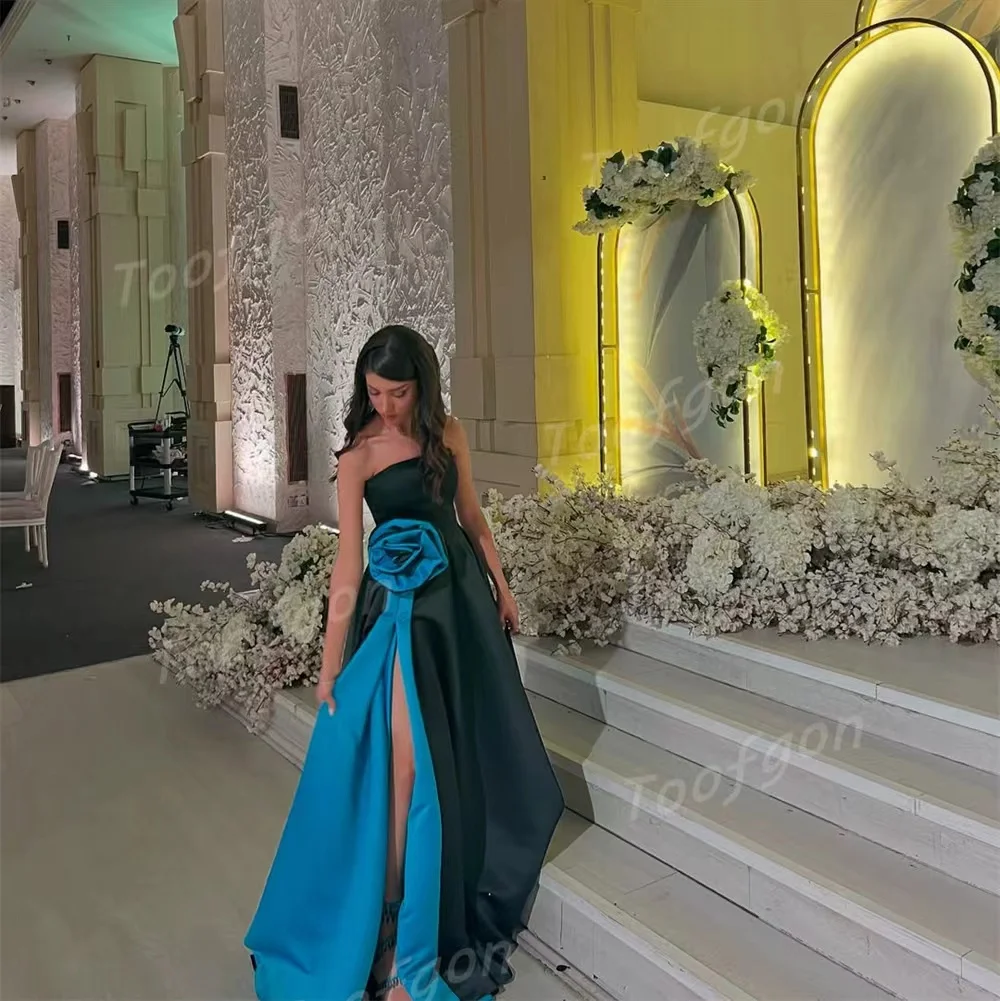 Toofgon Satin bretelles saoudien arabe robes de bal personnalisé 3D Rose fleurs haut côté fente femmes formelle fête robes de soirée