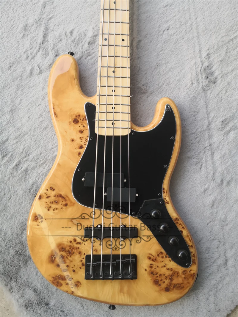 5 Strings Naturl Bass Guitar Burl Maple Top ASH Wood Body  Maple Neck Fixed Bridge Black Pickguard