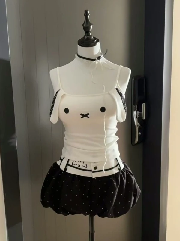 

Cute Sweet Daughter Soft Girl Set White Strap Print Top with Polka Dot Bloomers Two Piece Suite Summer Fashion Women's Clothing