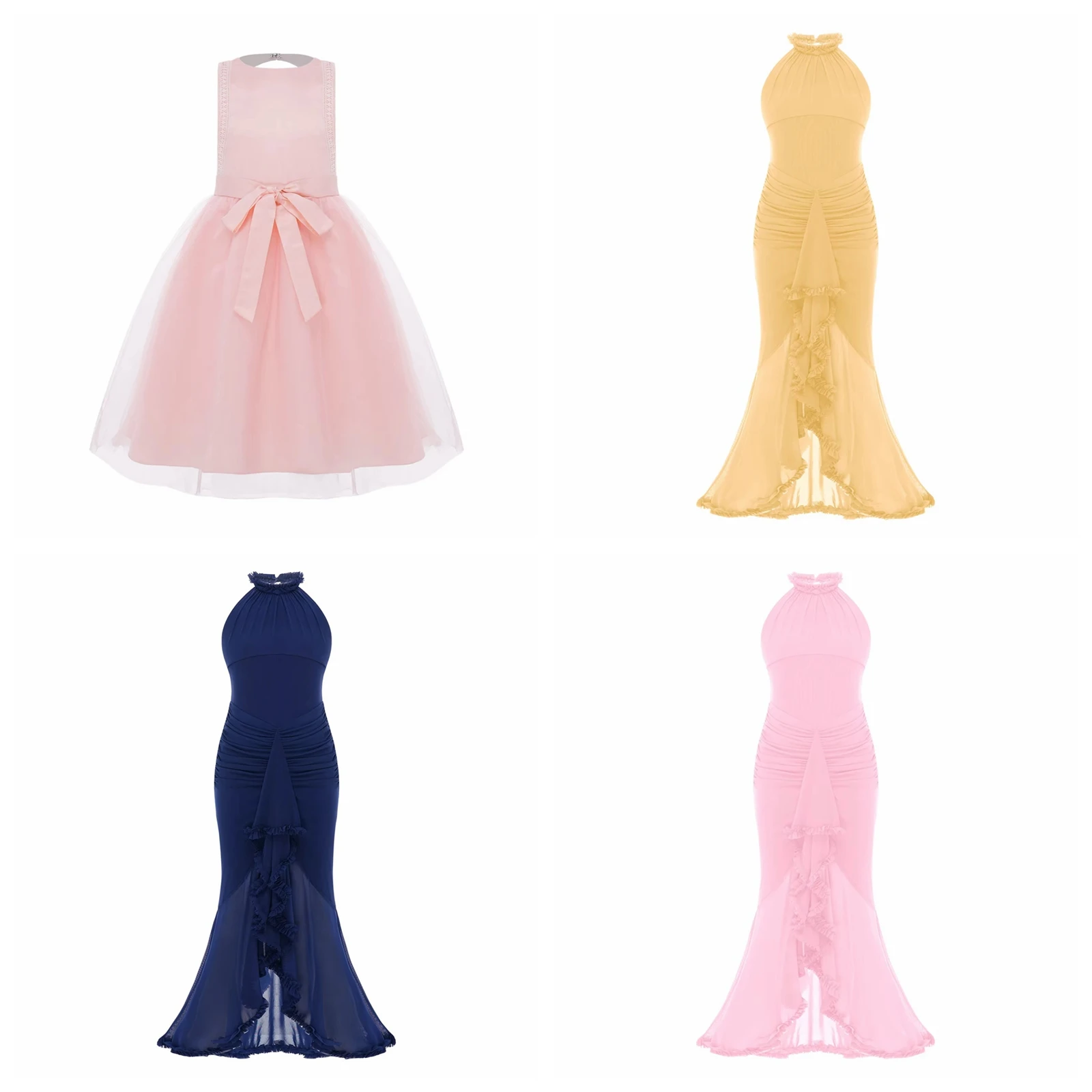 

Kids Girls Wedding Birthday Party Gown Robes Mesh Mermaid Dress Halter Princess Vestidos Children Irregular Hem Pageant Dress