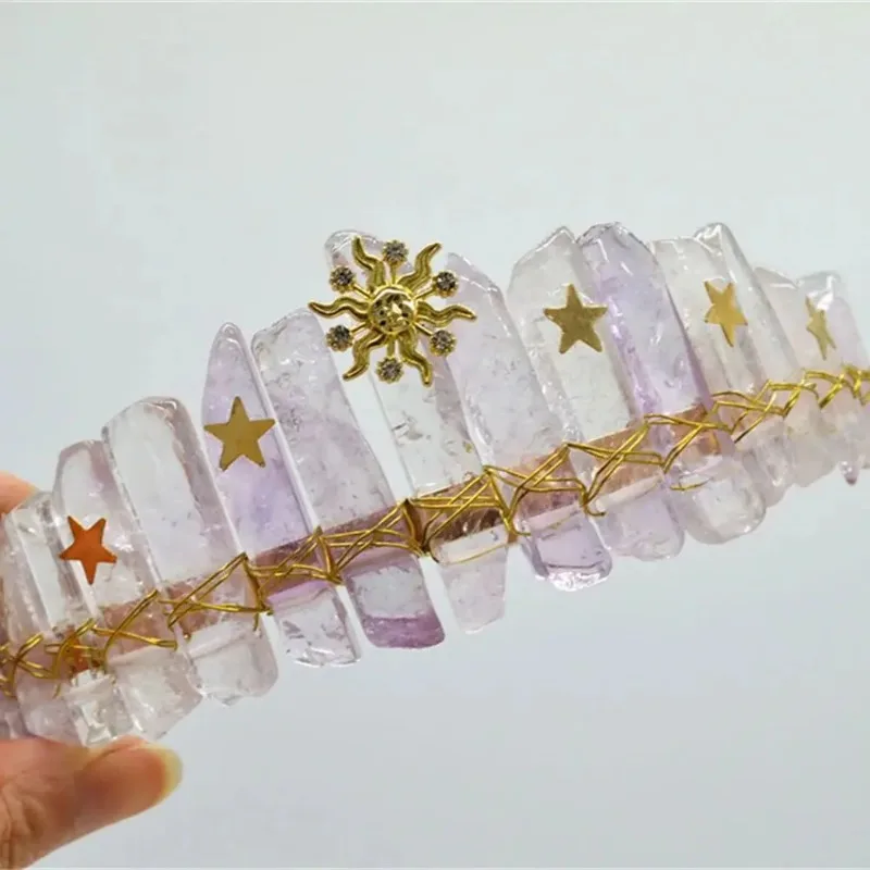 Raw Crystal Quartz Tiara Headband - Moon Stars Crystal Women Boho Tiara Hairband Sun Goddess Crown Wedding Bride Headpiece