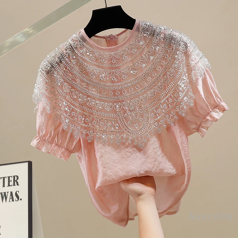 

Fashion Perspective Beaded Doll Collar Short Sleeve Shirt, Summer Temperament Topfor Ladies, Pink Blusas Mujer 2025