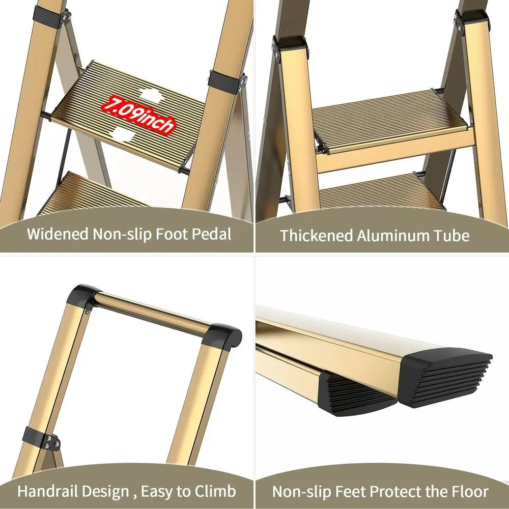 Escalera plegable portátil con peldaños antideslizantes, aluminio ligero, capacidad de carga de 300 libras, multiusos para el hogar y la oficina -