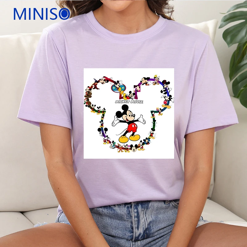 

New T-shirt Disney Mickey and Minnie Printed Cotton For Couples Round Neck Loose Top Plus Size Woman Clothing Trends 2025 New