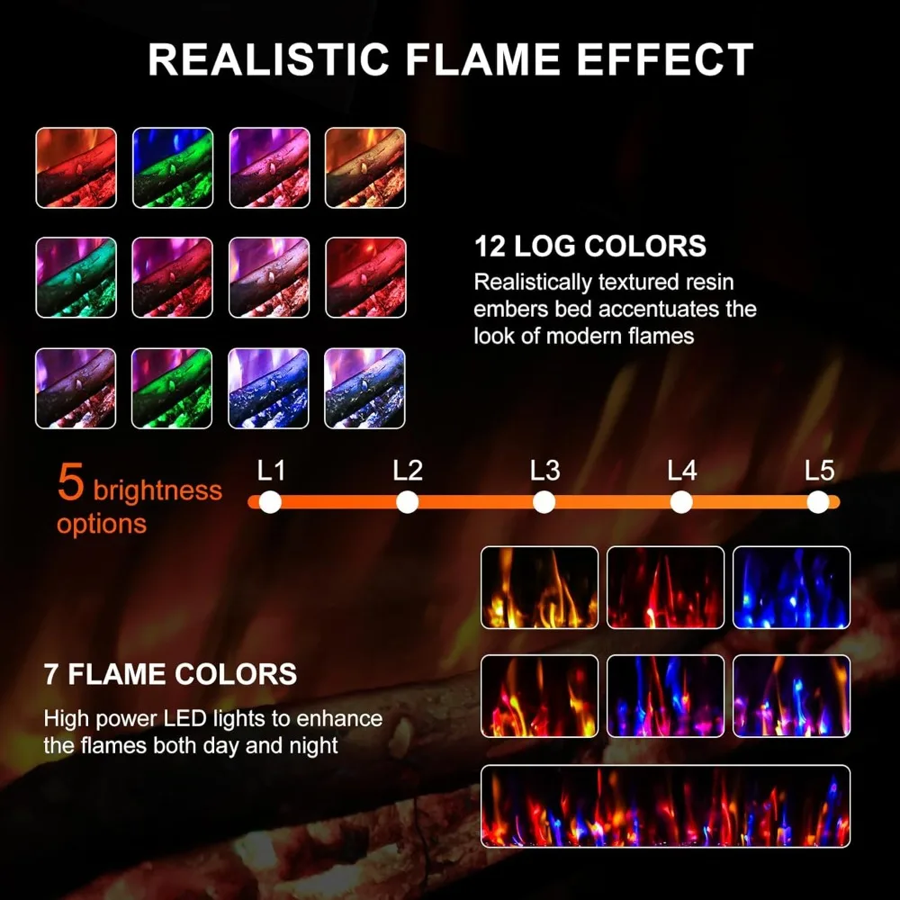 Calentador de chimenea eléctrico lineal ultrafino de 42 pulgadas montado en la pared con 750/1500W, llamas de troncos realistas, pantalla de alta definición f