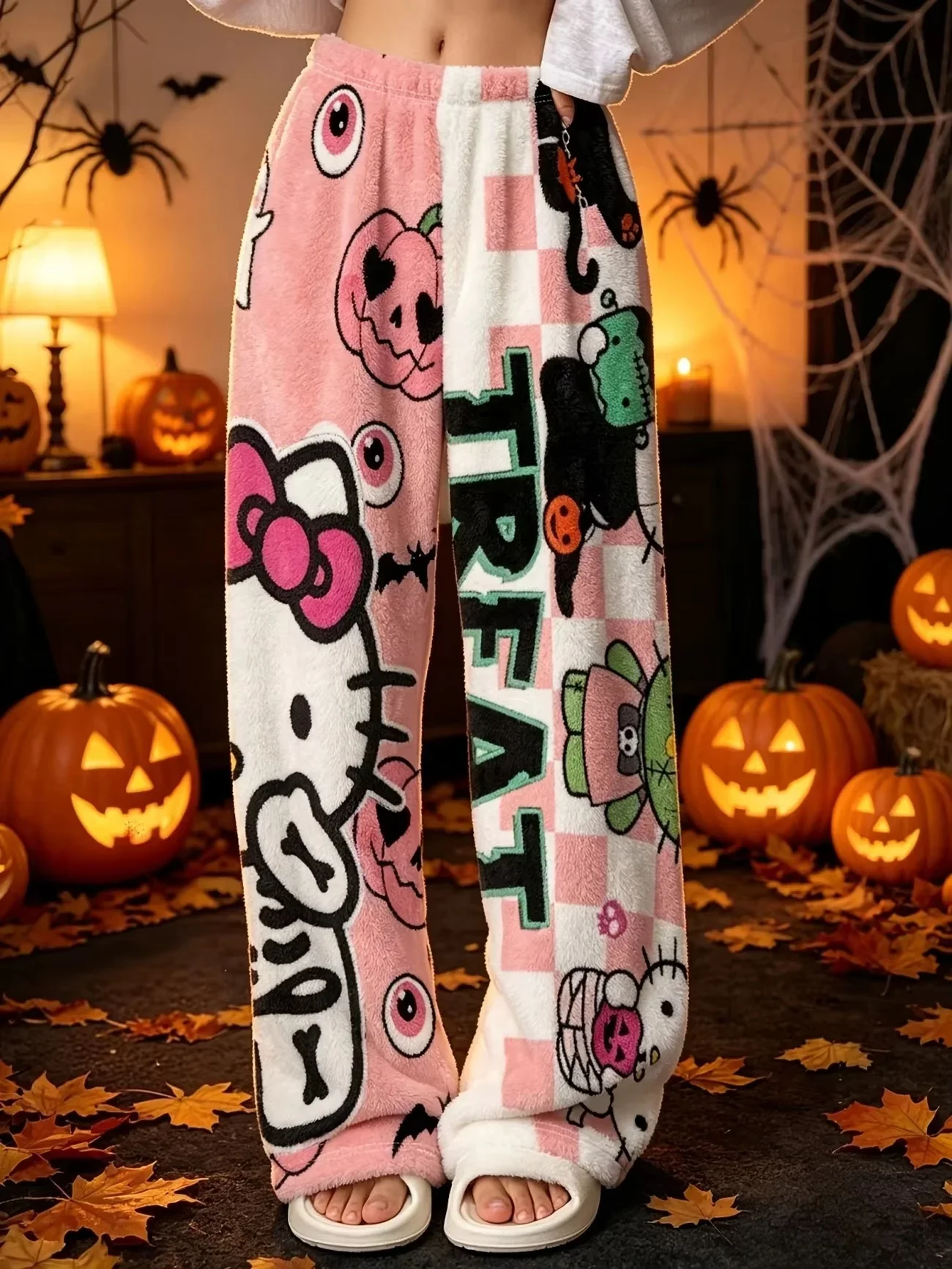 26/27 New Halloween Cartoon Cat Pumpkin Spider Print Flannel Pajama Pants Loose Soft Women Loungewear Pants FamilyMatching