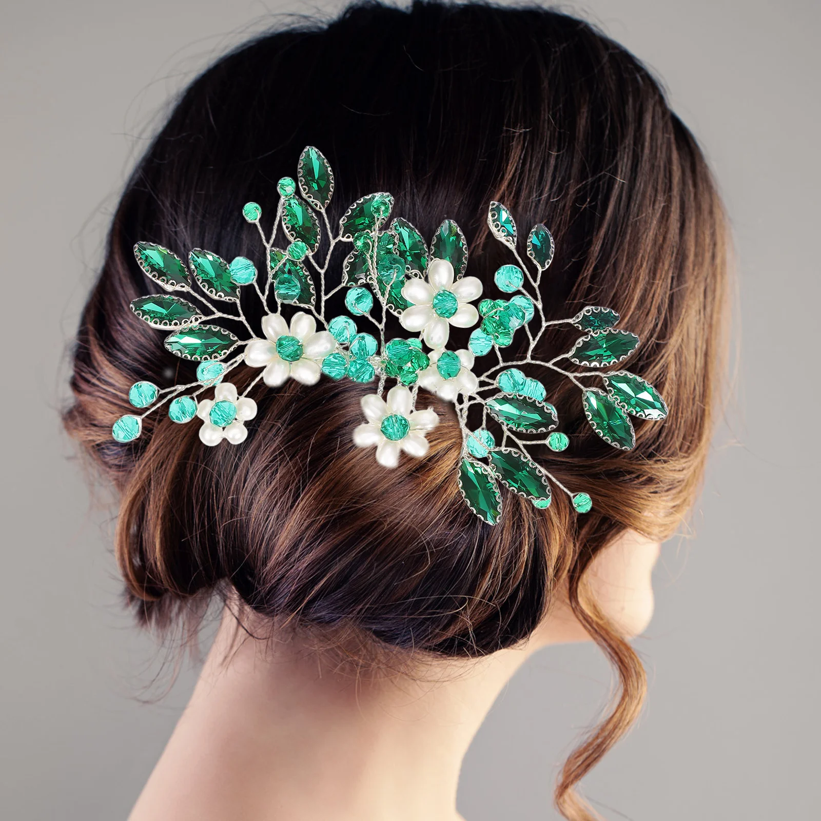 

Crystal Floral Hair Comb Dark Green Handcrafted Leaf Design Elegant Hair Side Comb For Women Bridal Prom Decor