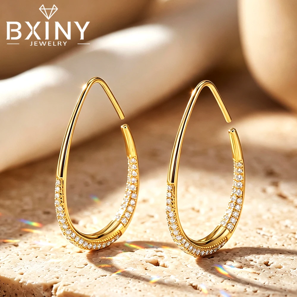BXINY All Moissanite Teardrop Hoop Earrings Pure S925 Silver Diamond Open Cuff Drop Earrings for Women Luxury Daily Wear Jewelry