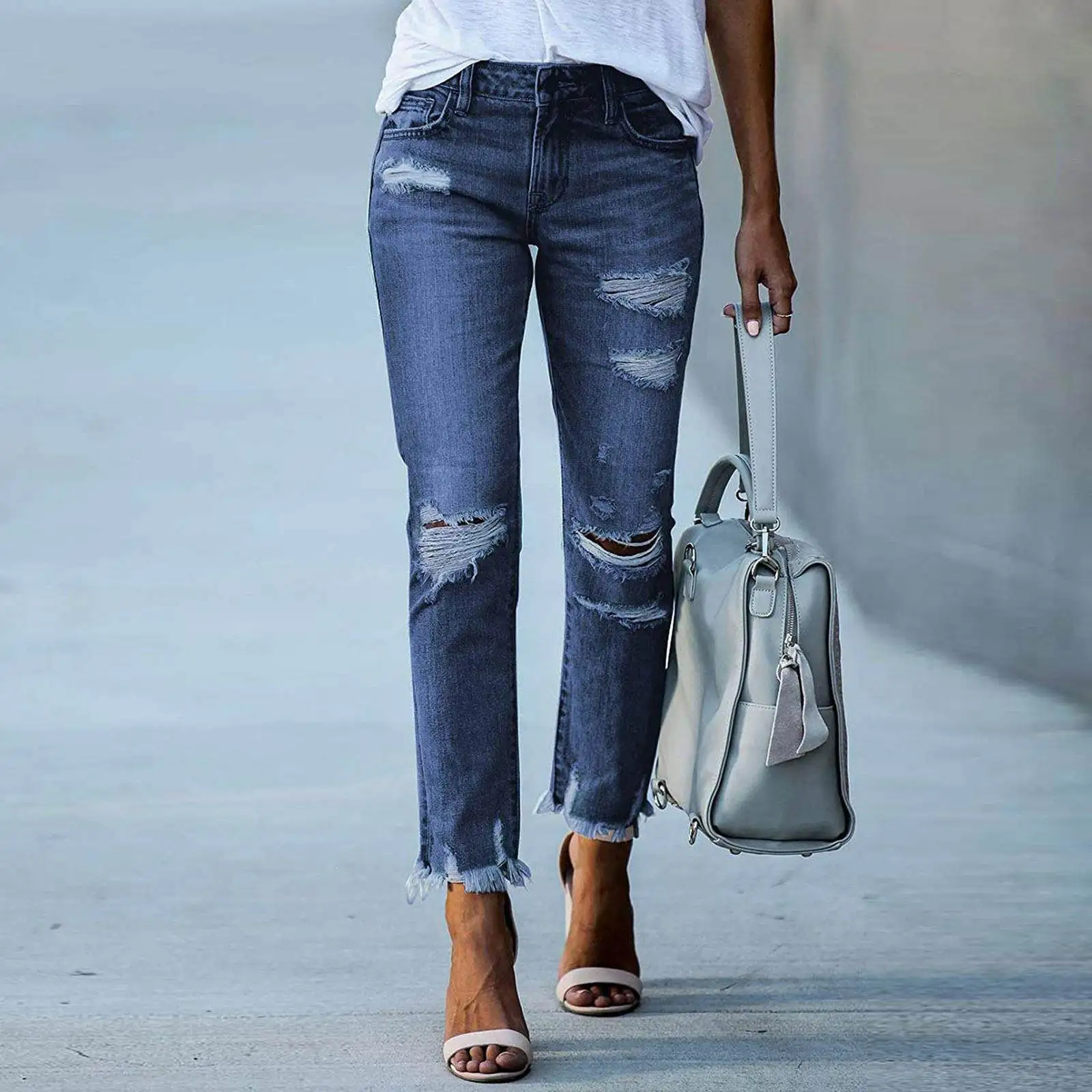 Women's Pure Color Denim Jeans Hole Design High Waist Straight Leg Stretchy Versatile Trousers Autumn Long Pants Seven Sleeve