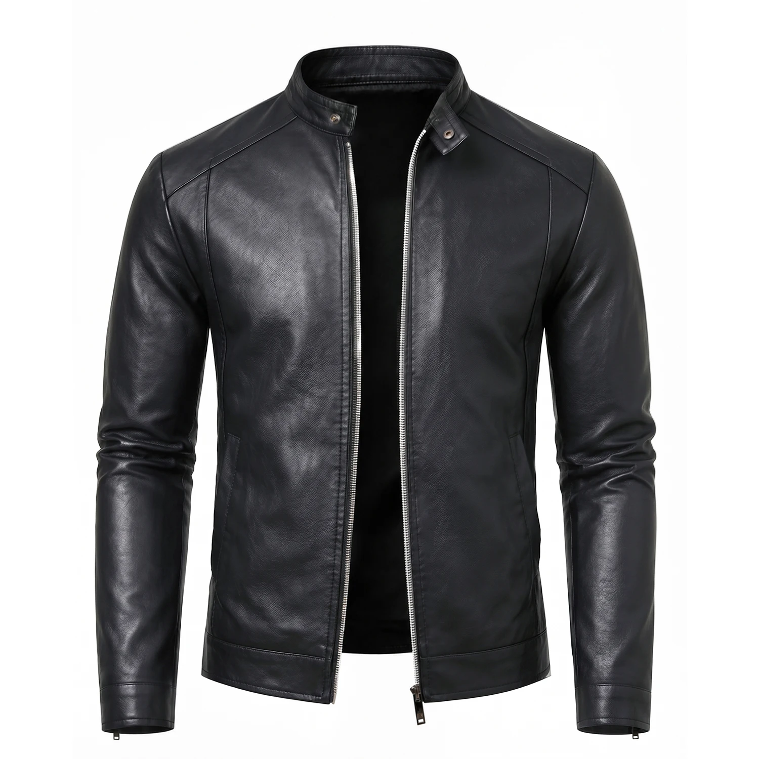 Men's Faux Leather Jacket Slim Fit Stand Collar Jacket Zip Up Motorcycle Biker Coat Casual Lightweight Outerwear