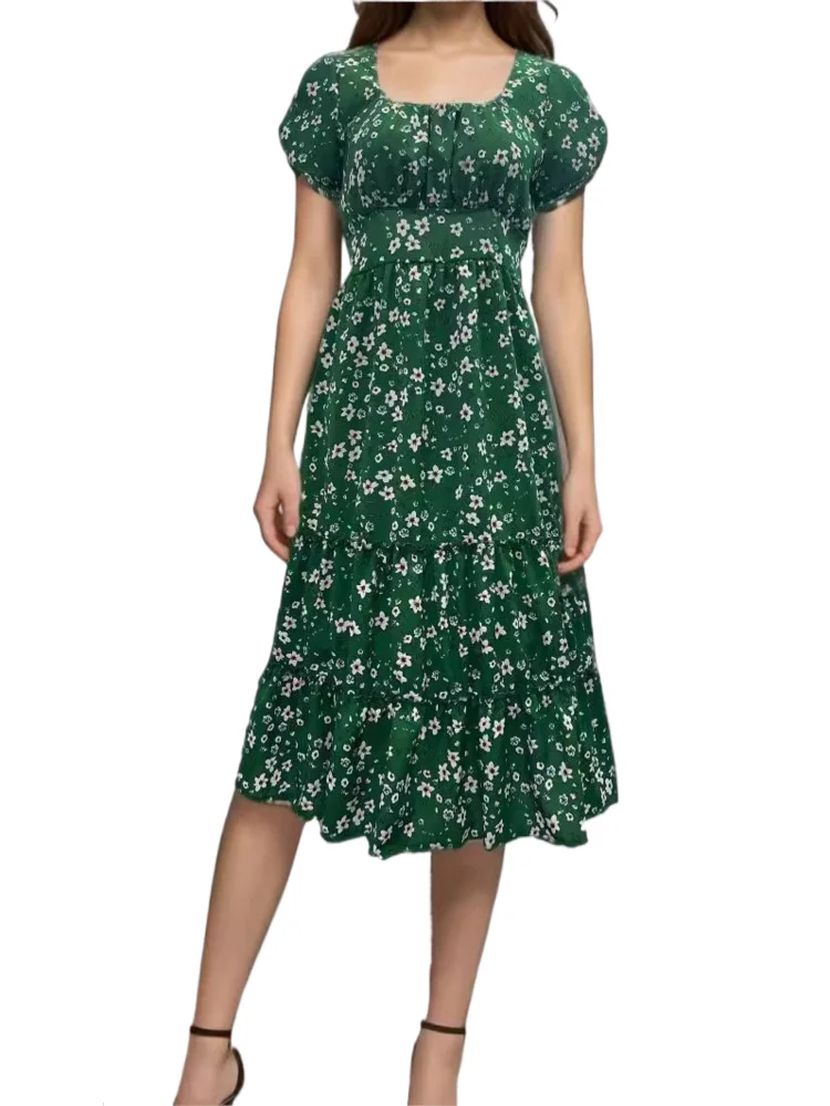 Women's Print Dress Fashion Boho Holiday Beach Dresses Lady Casual Short Sleeve Square Collar Long Dresses For Women Summer New