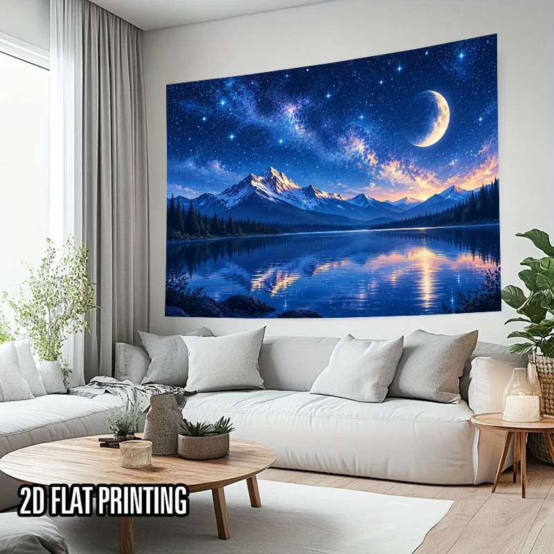 Cosmic Nature Tapestry, Dazzling Milky Way Half Moon Snow Mountain Pine Trees Calm Lake Wall Hanging for Home Party Background