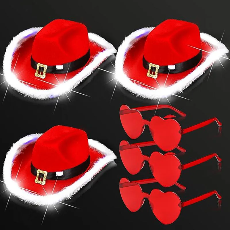 

Santa Claus Party Christmas Luminous Cowboy Hat Western Red Felt Hats Wide Brim Cowgirl Hat Jazz Hat for Women Men