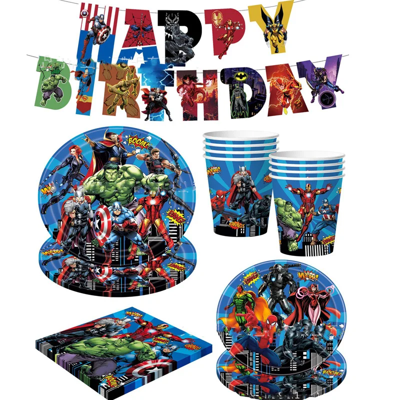 Marvel Birthday Decoration bicchieri di carta piatti Avengers forniture per feste stoviglie tovaglia sfondo palloncini supereroi favore per bambini