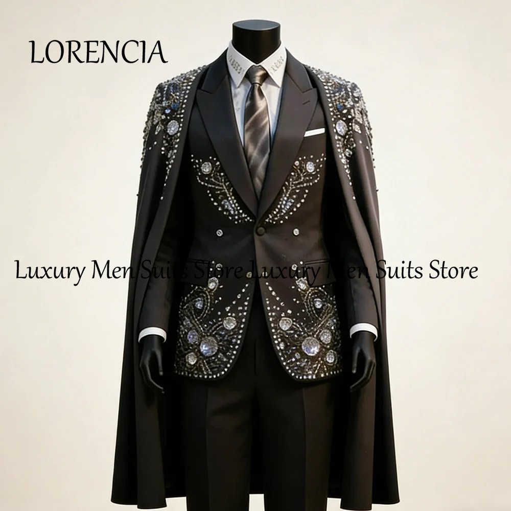 Elegant Rhinestone Male Suits with Cloak 2 Pieces Set Sparkling Wedding Party Tuxedos Groom Wear Customized disfraz de hombre