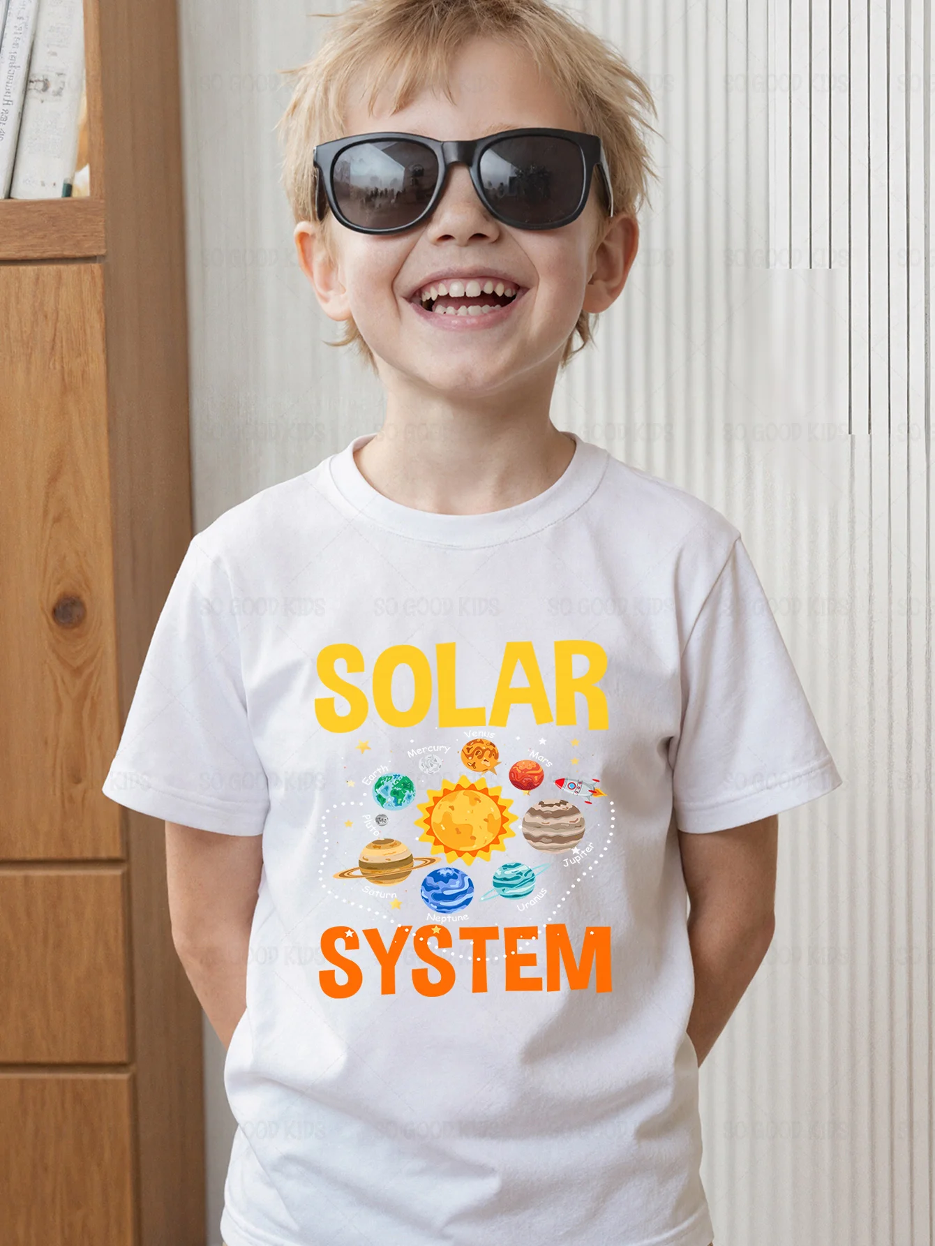 Solar System Sun Planets Rocket Outer Space Cartoon Graphic Kids T Shirt Boys Girls Family Matching Summer Crew Neck Casual Tee
